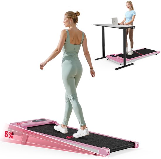 HOMEFITNESSCODE Loopband draagbaar met 5% helling - 3-in-1 Walkingpad Elektrisch - loopkussen 1-6 km/u instelbaar - Motor 2,5 pk - met afstandsbediening en LED-scherm - loopvlak 38 x 90 cm - Roze