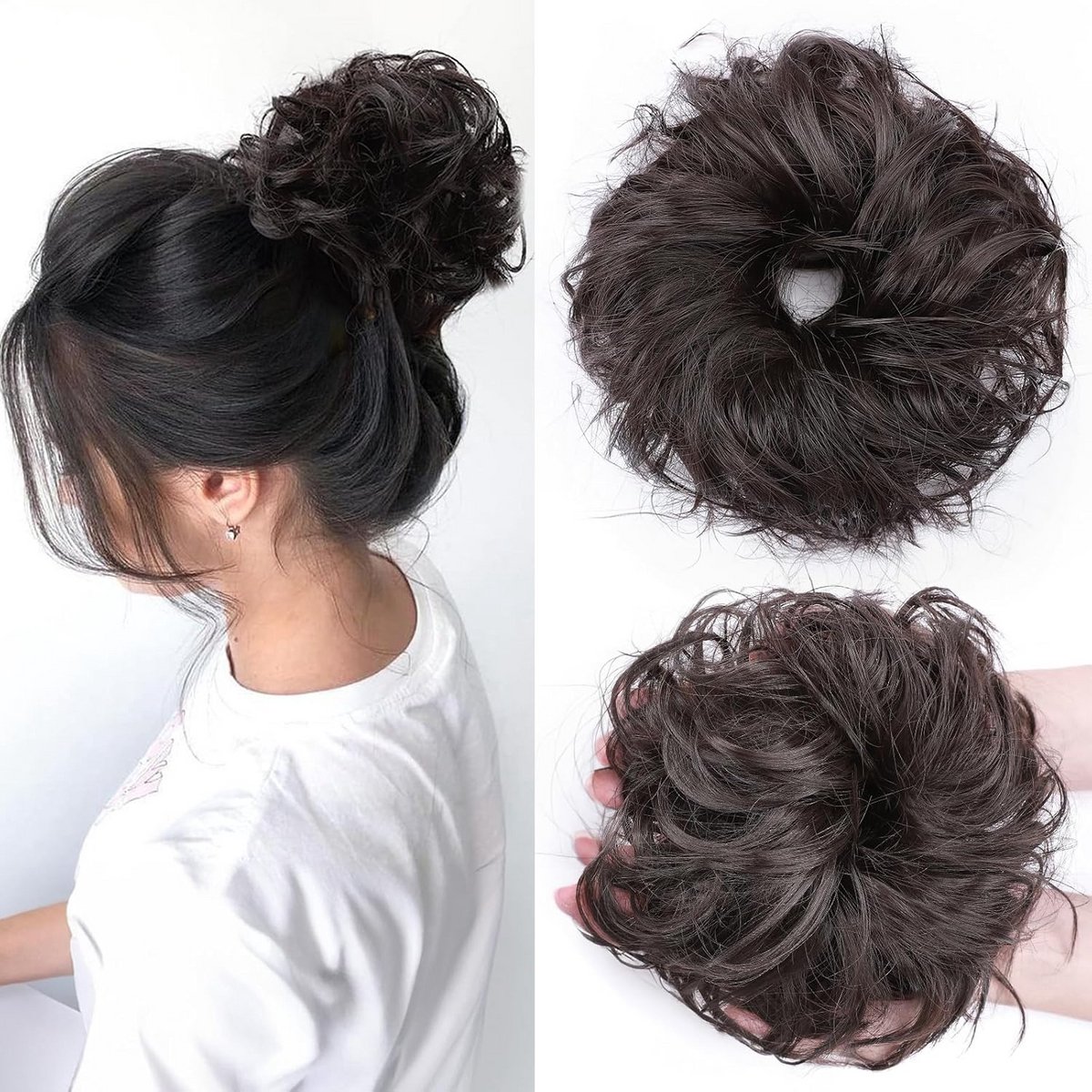 Rommelige Haar Scrunchie Donkerbruin - Synthetisch Haarstuk voor Opsteekkapsel
