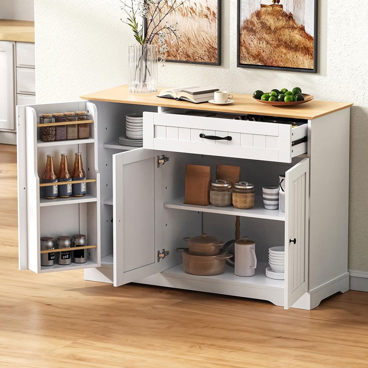 BLACKCOLORS Moderne en elegante buffetkast met 3 deuren en een lade, buffetkast voor eetkamer, woonkamer en hal (wit + naturel)