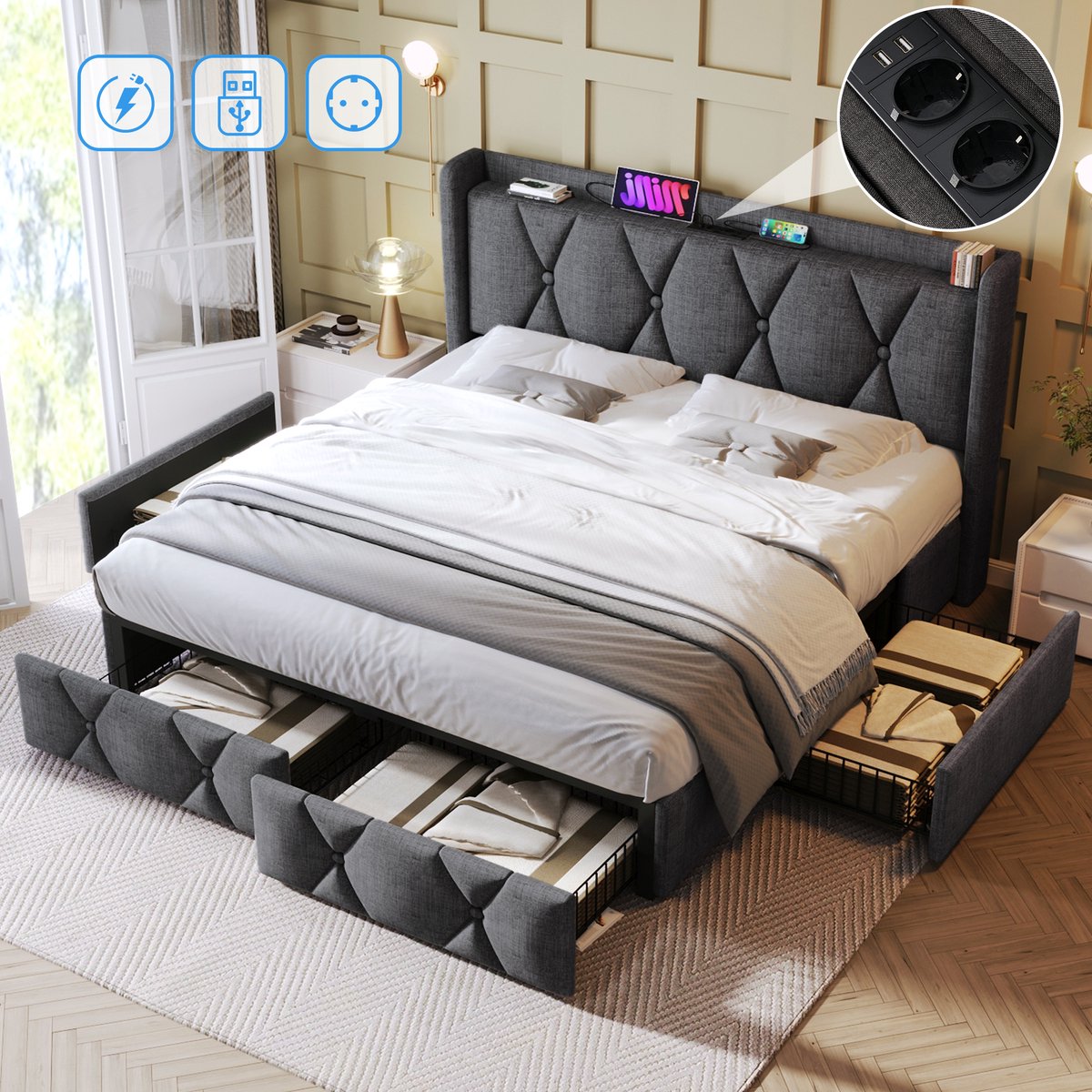 REDOM Bedframe 140x200 cm – Linnen – 4 lades & USB/stopcontact – Grijs – 181 kg Grijs(Inclusief matras)