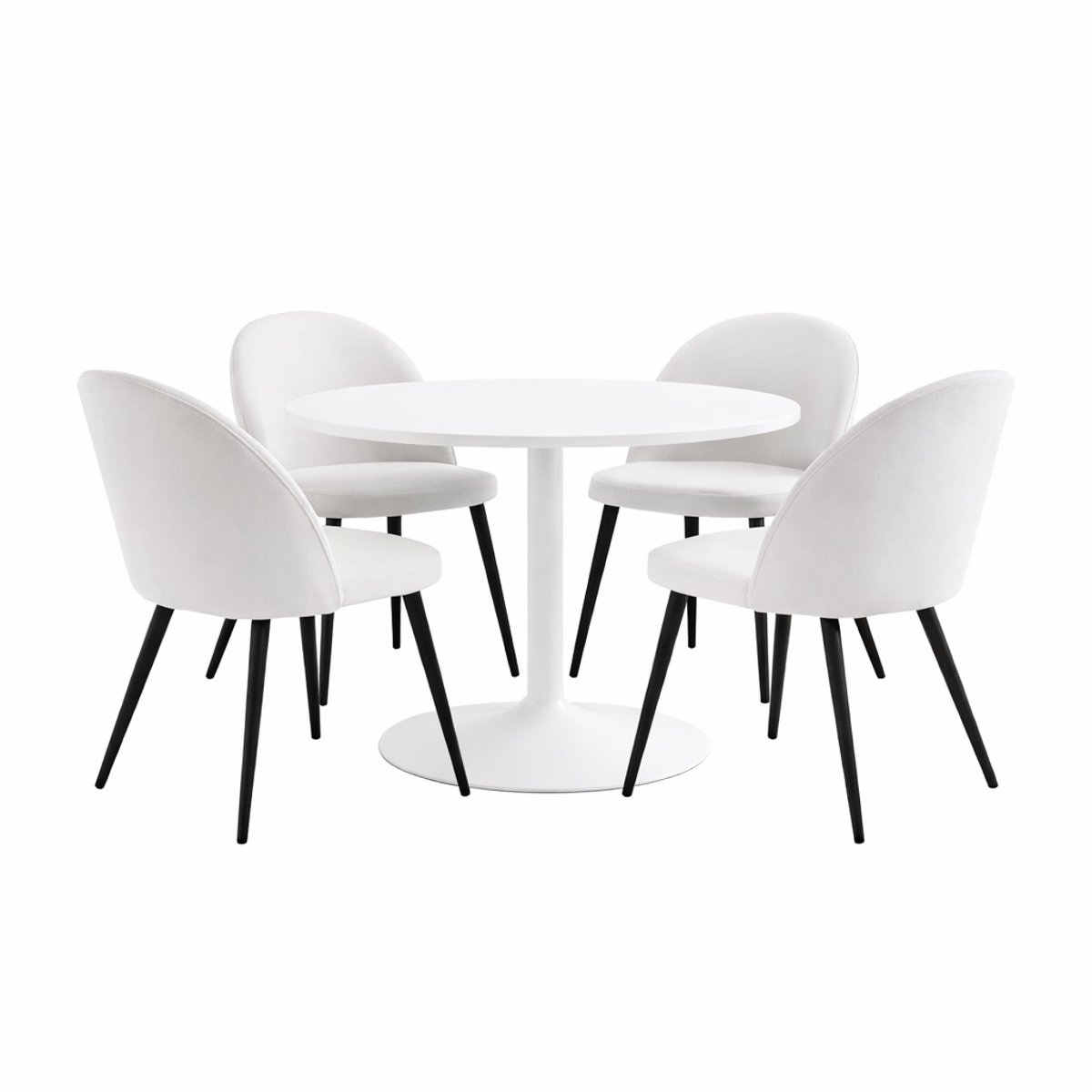 Carry eethoek tafel Ø110cm, 4 stoelen fluweel beige.