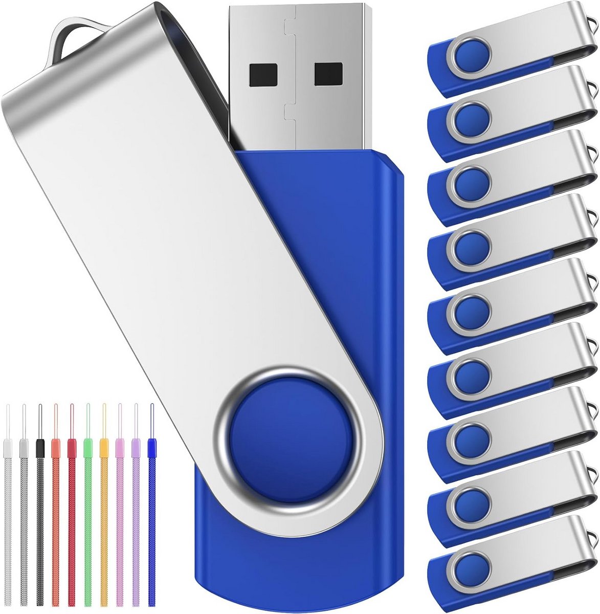Set van 10 USB 2.0 Geheugensticks 4GB met Draaibare Behuizing en Lanyards