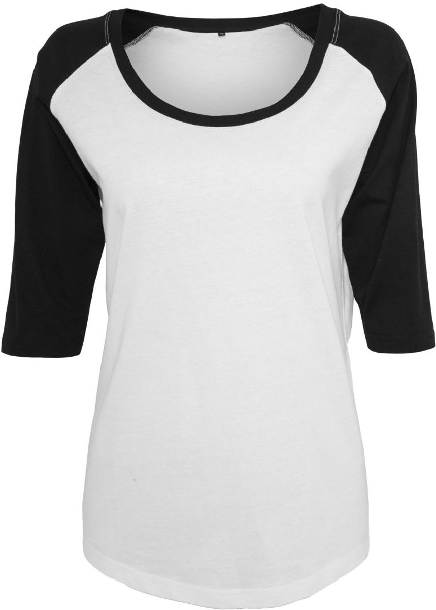Build Your Brand - Contrast Raglan 3/4 Sleeve Dames T-Shirt - White/Black maat 4XL