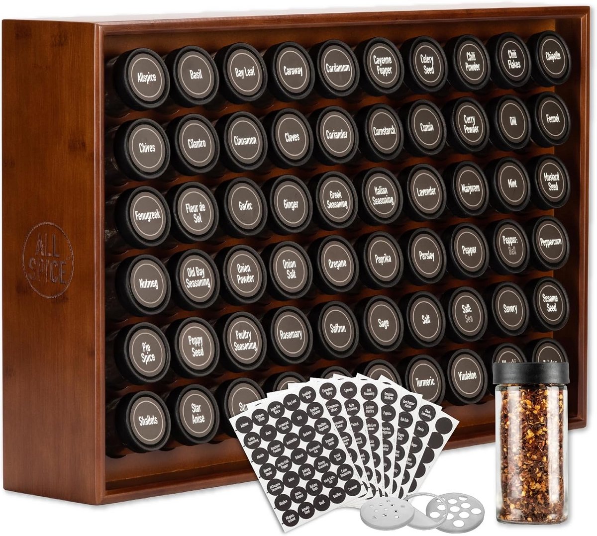 Houten kruidenrek met 60 glazen potten van 118 ml