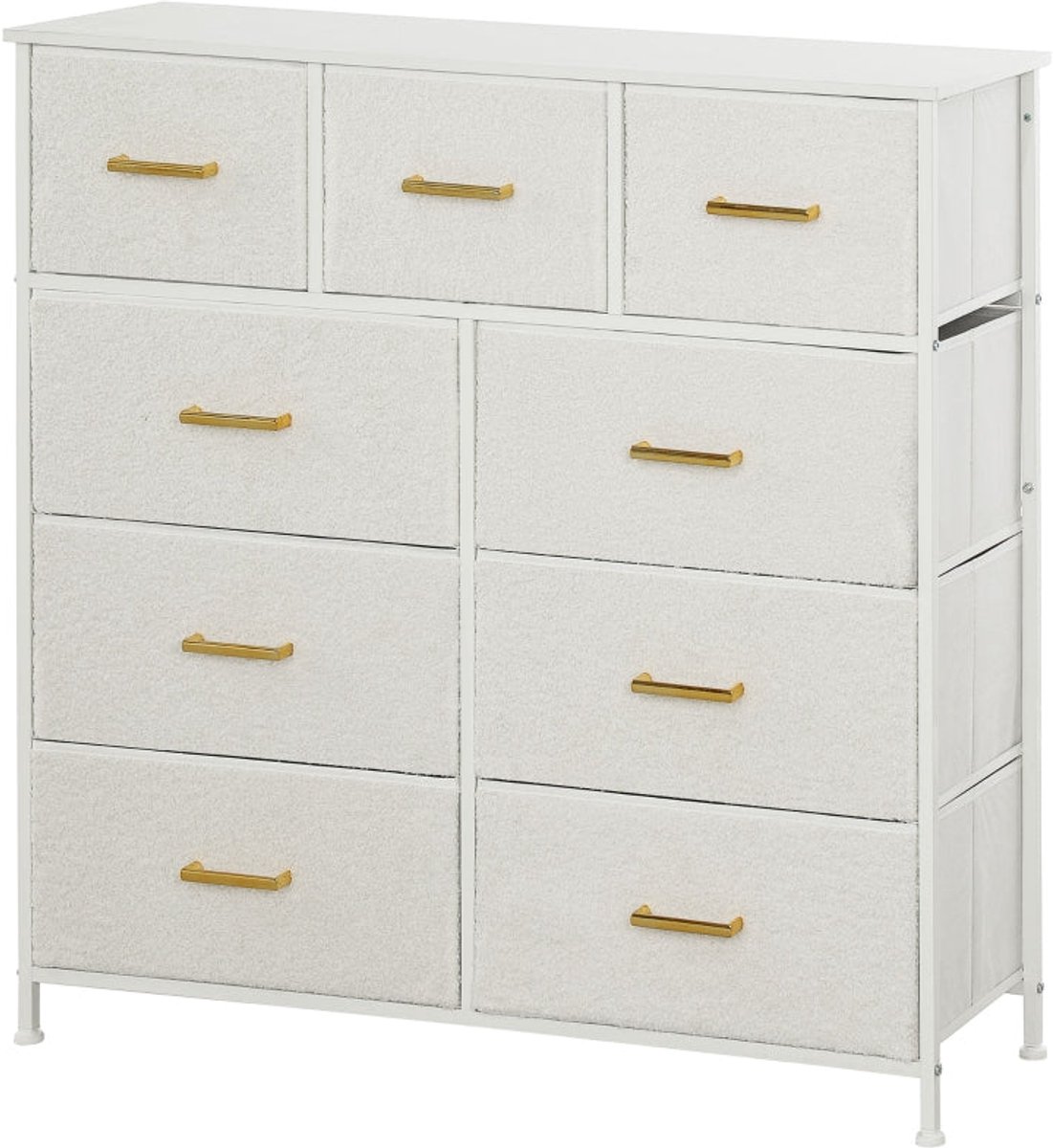 Merax Ladekast met 9 Stoffen Lades - Opbergkast met Bovenblad - Sherpa Stof Afwerking - Goudkleurige Grepen - Stalen Frame en Spaanplaat Bovenblad - Crèmewit - 100x30x99 cm