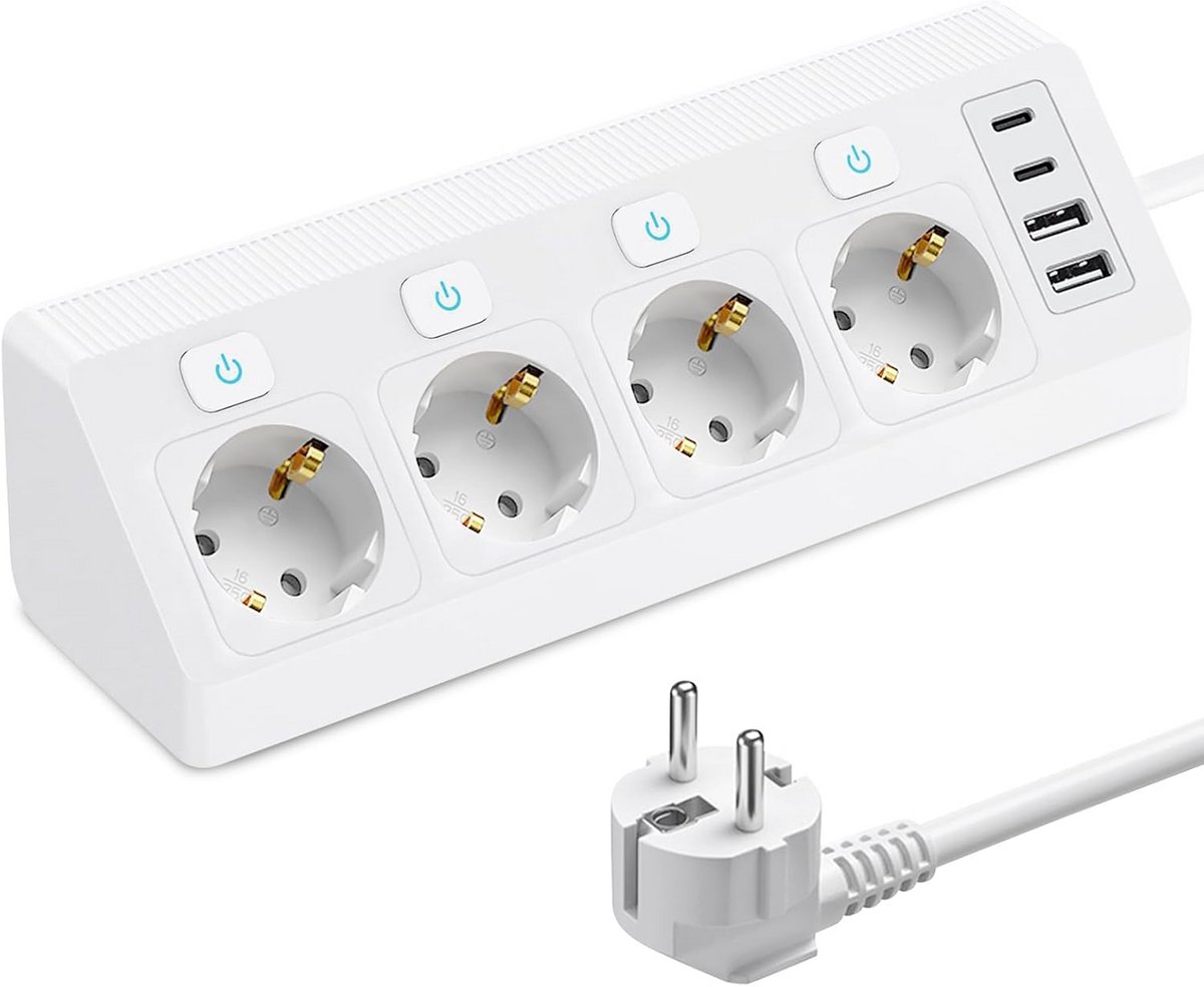 Hoekstopcontact met 4 Stopcontacten, 2 USB en 2 Type-C Poorten | 2m Kabel & Schakelaars