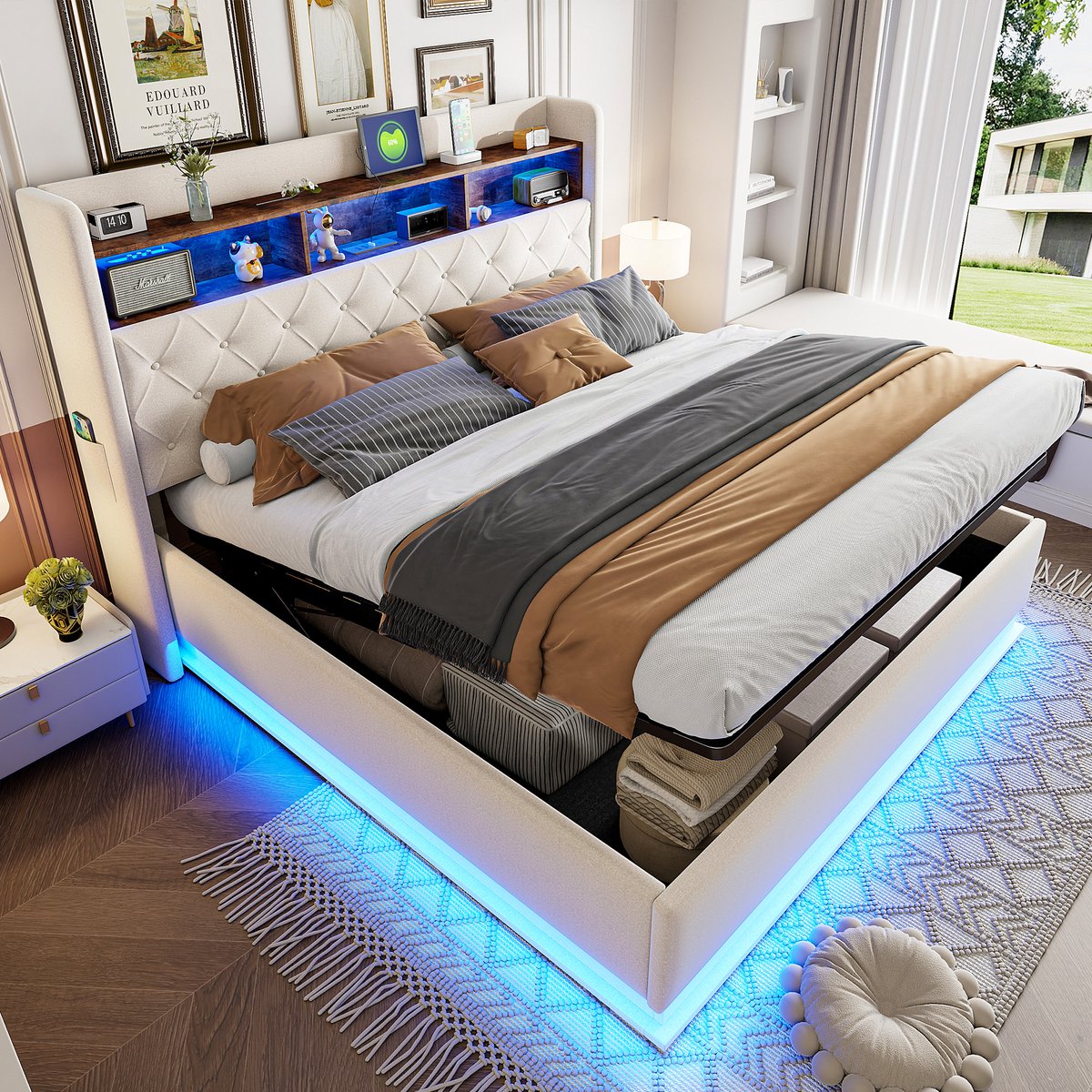 MODFU Bedframe 180x200 cm – linnen beige – met LED, USB en hydraulische opbergruimte – elegant design