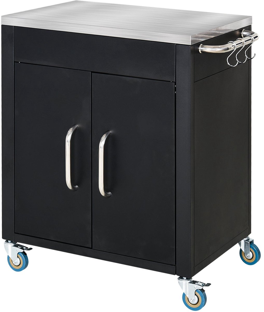 Merax Keukenwagen met Wielen - Keukentrolley met Kast en 6 Haken - Roestvrijstalen Werkblad - Metalen Frame - 4 Zwenkwielen met 2 Remmen - Zwart - 86x50x86.5 cm