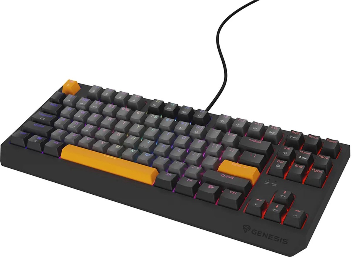 GENESIS NKG-2082 - Thor 230 TKL toetsenbord - Gaming - Bedraad - Mechanisch - RGB - US - Linear - Android - XBOX One - XBOX Series S - XBOX Series X - PC - PlayStation 4 en 5 - Zwart - Oranje -