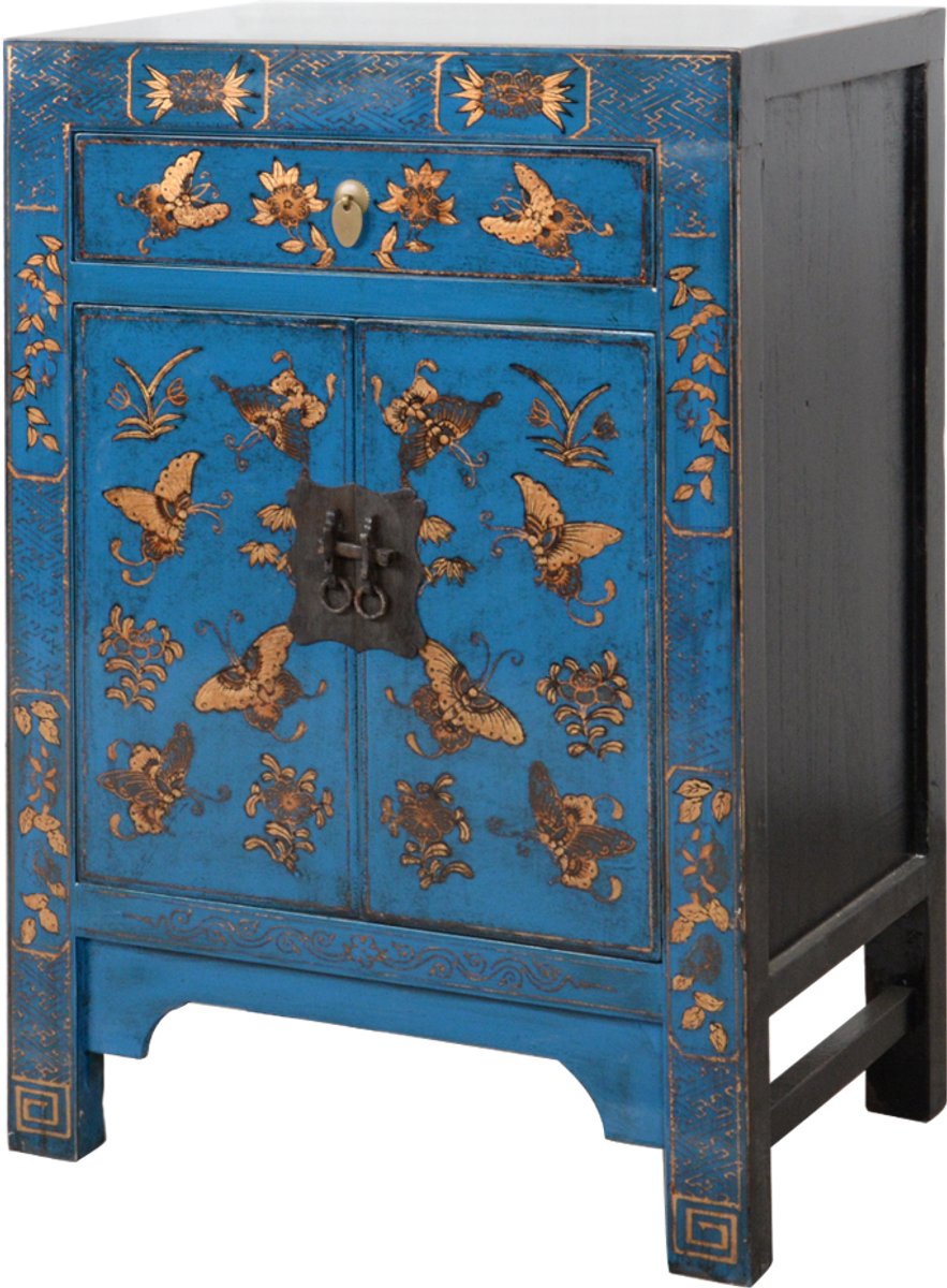 Fine Asianliving Chinese Kast Blauw Handgeschilderd Vlinders B58xD37xH85cm Chinese Meubels Oosterse Kast