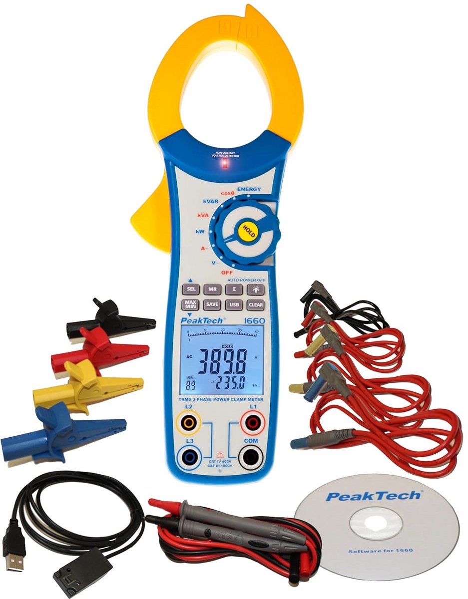 3-Fasen Stroomtang 1000A met USB | Energiemeter, Vermogensfactor & Motortester