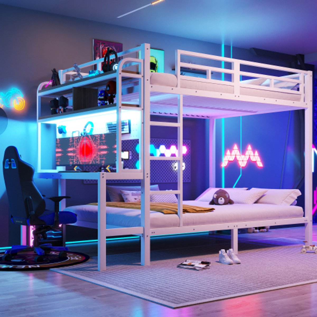 Stapelbed, 140 x 200 cm, ijzeren frame, opbergvak, bureau, met led-lichtstrip, USB-aansluiting, veiligheidshek, ladder, zonder matras, wit