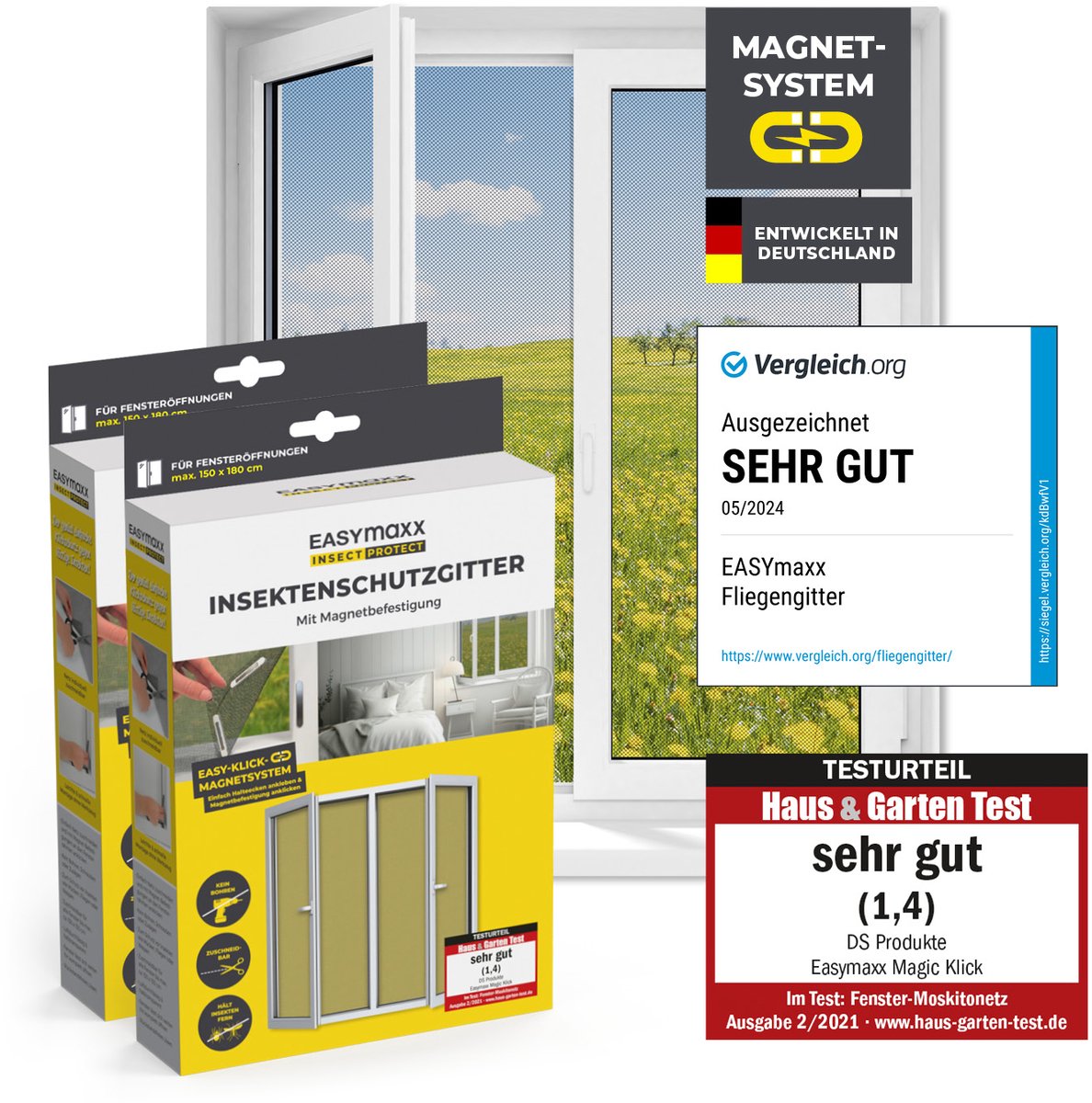 EASYmaxx Insect Protect vliegenhorren voor ramen met magneetbevestiging | op maat te knippen muskietennet | insectenwering voor ramen tot 150 x 180 cm | muggenwering met magneet - eenvoudige montage, zwart, 2 stuks