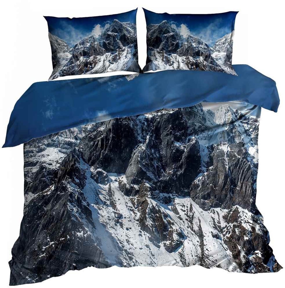 Majestueus 3D Dekbedovertrekset - Katoen Satijn - Eenpersoons 140x200 cm - Inclusief 1 Kussensloop 70x80 cm - Design: "Góry Alpy" Besneeuwde Bergtoppen & Donkerblauwe Lucht – Natuur & Avontuur