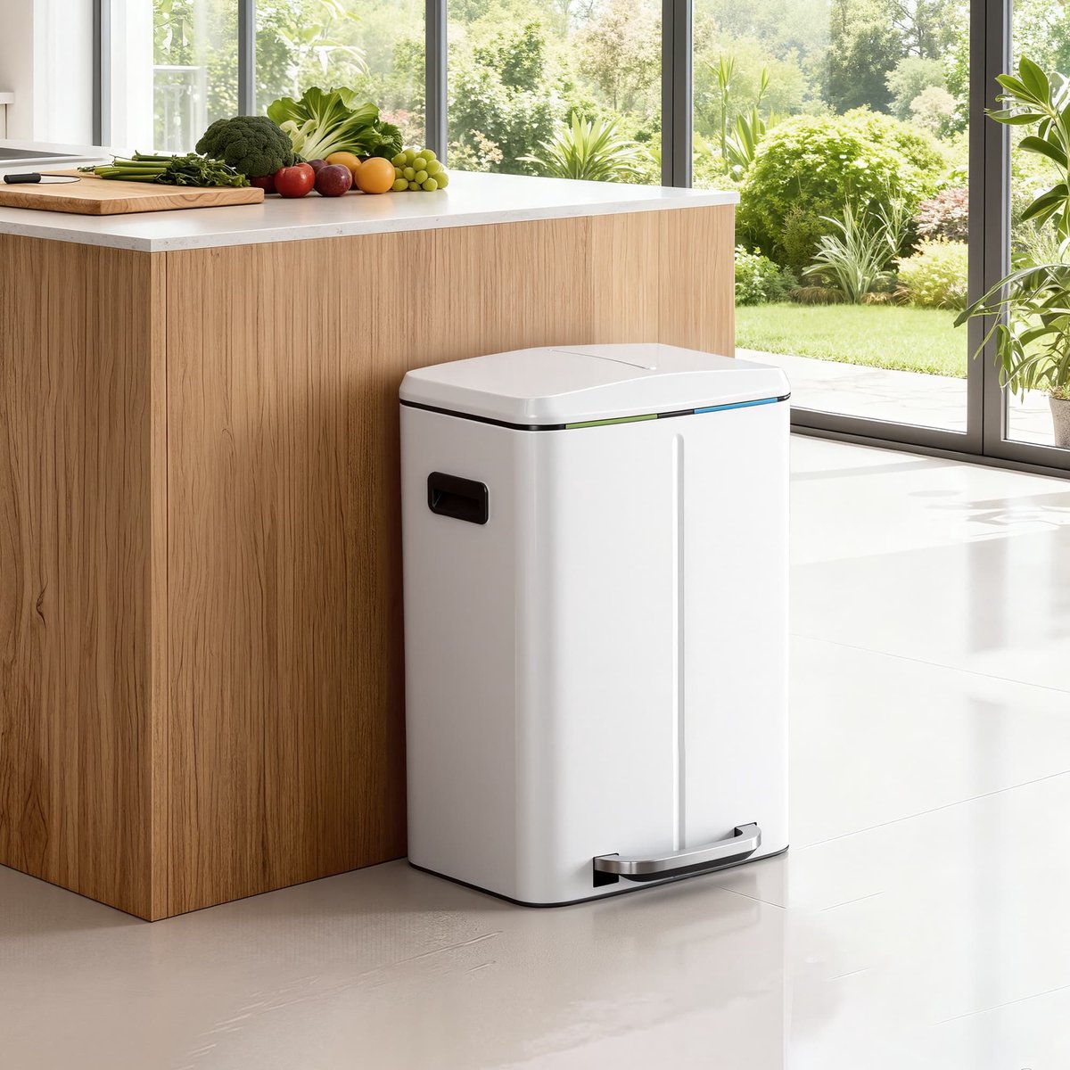 Keukenafvalbak – Metaal – Wit – Dubbel compartiment met soft-close systeem en plastic binnenemmers