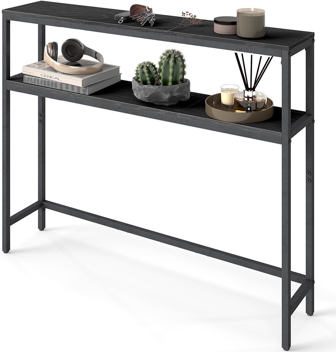 Consoletafel – MDF en metaal – marmerwit en inktzwart – ontwerp met 2 niveaus en planken