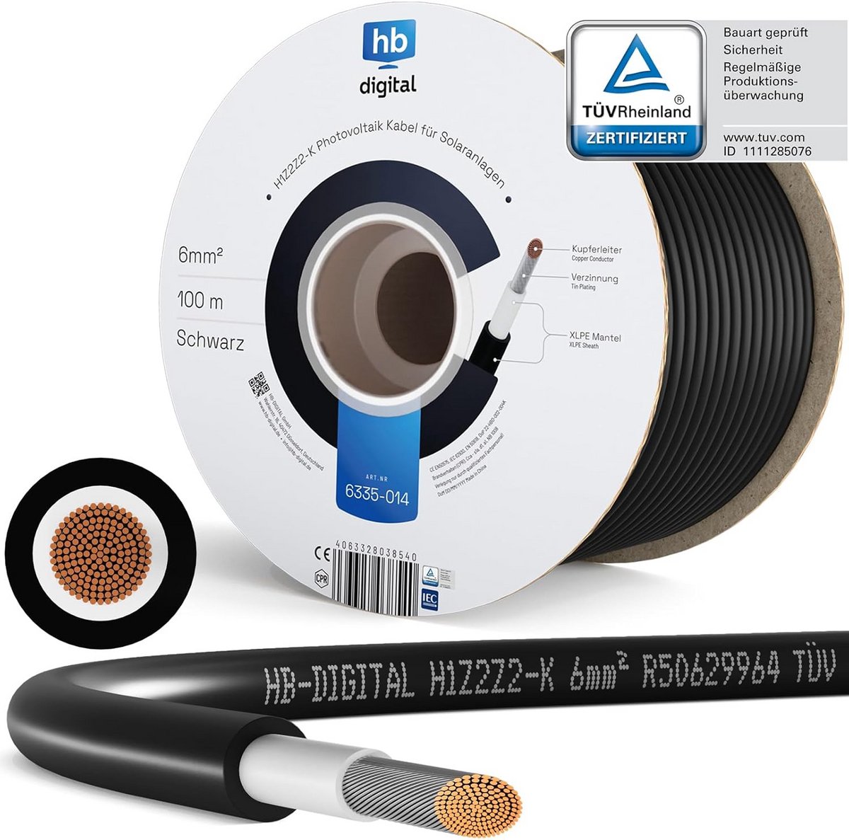 Zonnekabel 100m Zonnepaneel Kabel 6 mm2 UV-bestendig Flexibel Zuiver Koper 1500V Fotovoltaïsche Verlengkabel Zwart
