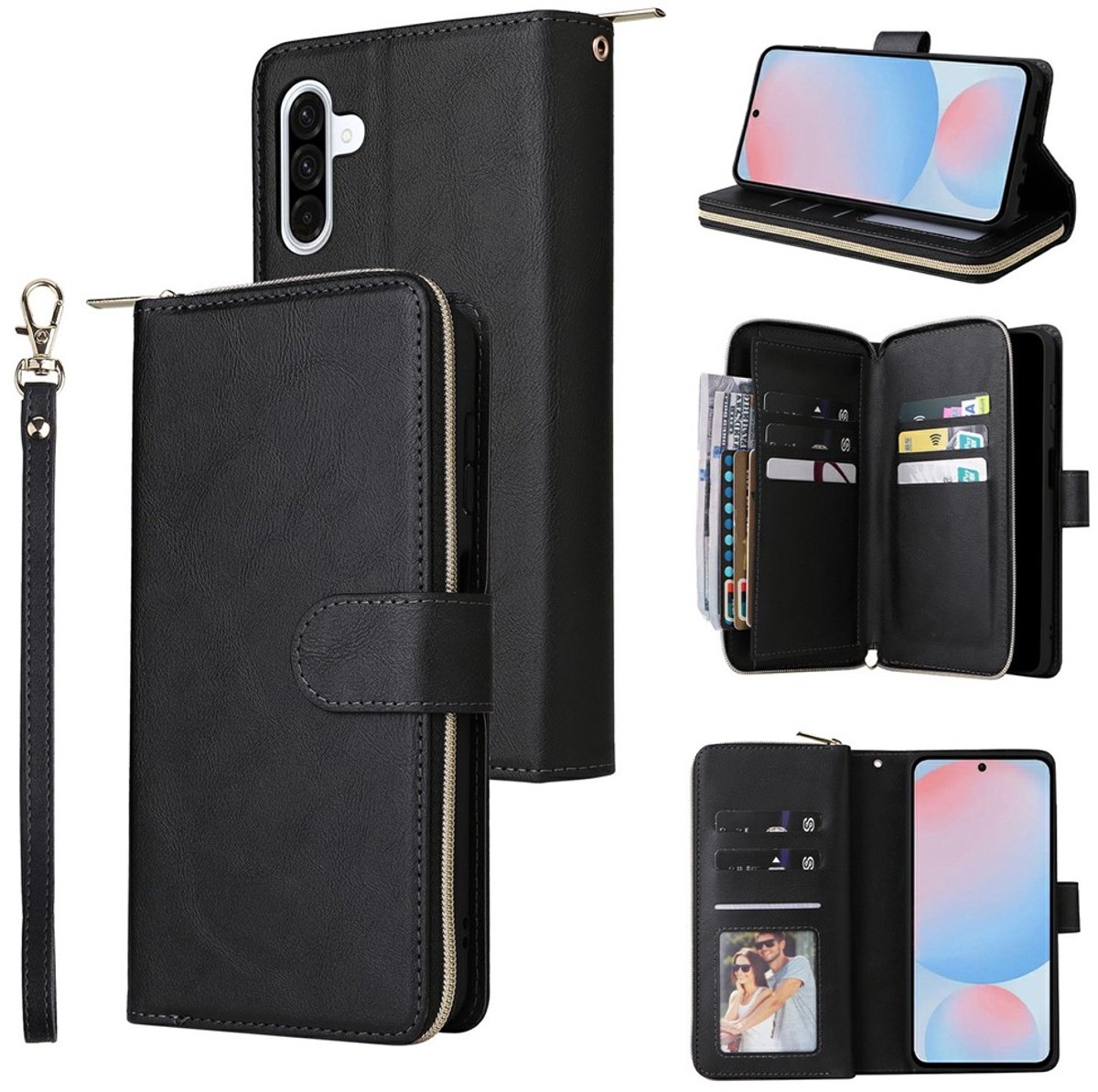 Telefoonhoesje geschikt voor Samsung Galaxy A57 5G - Portemonnee met rits - book-case hoesje - ruimte voor 9 pasjes - zwart