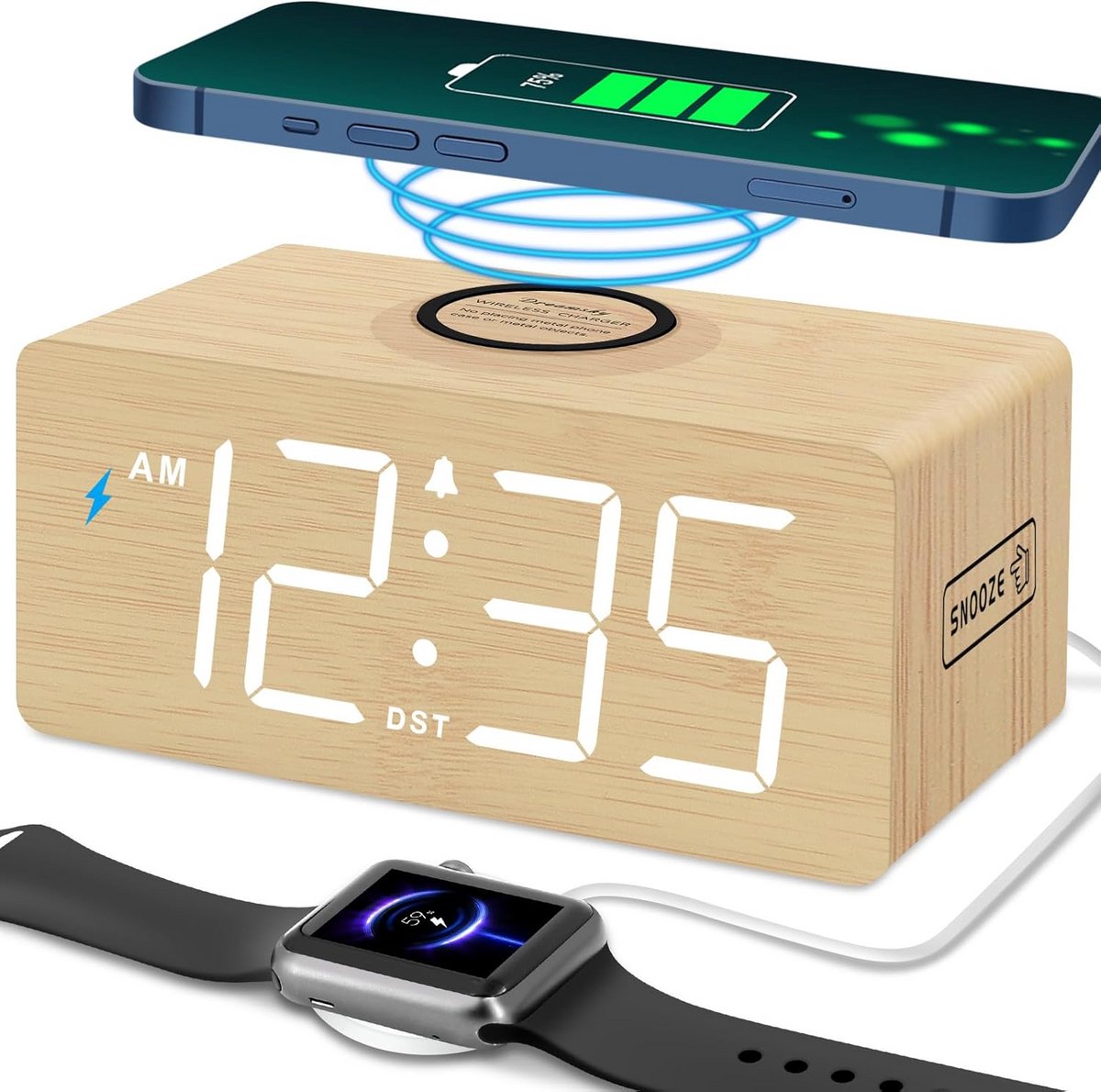 Digitale Wekker met Draadloos Opladen (18W Fast Charger) - Houten Design voor Slaapkamer