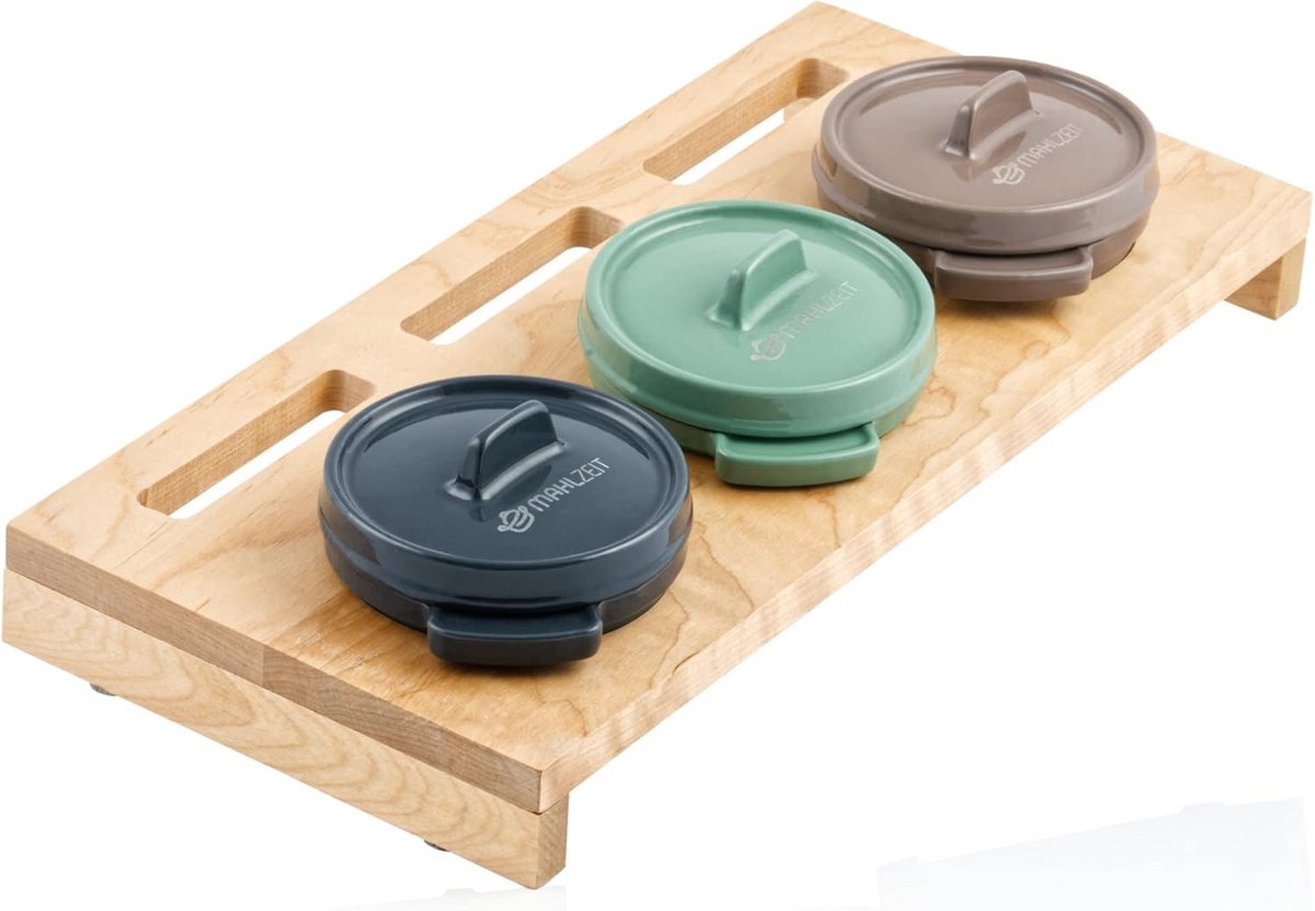 Set van 3 Mini Cocottes van Gietijzer met Houten Standaard voor Serveren en Koken