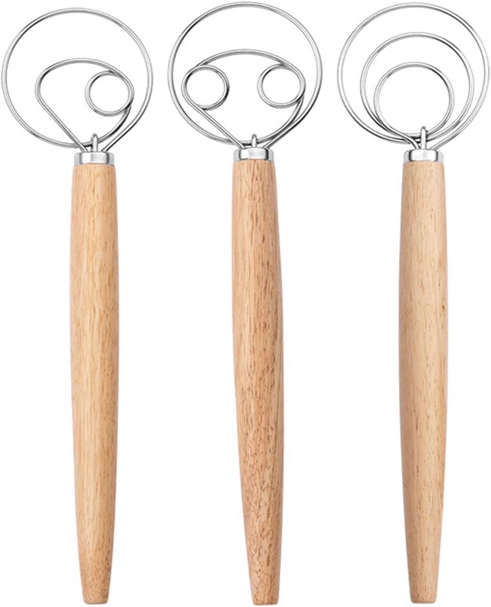 Set van 3 Houten Handvat Gardes - Deense Garde voor Brood- en Deegmengen - Roestvrij Staal