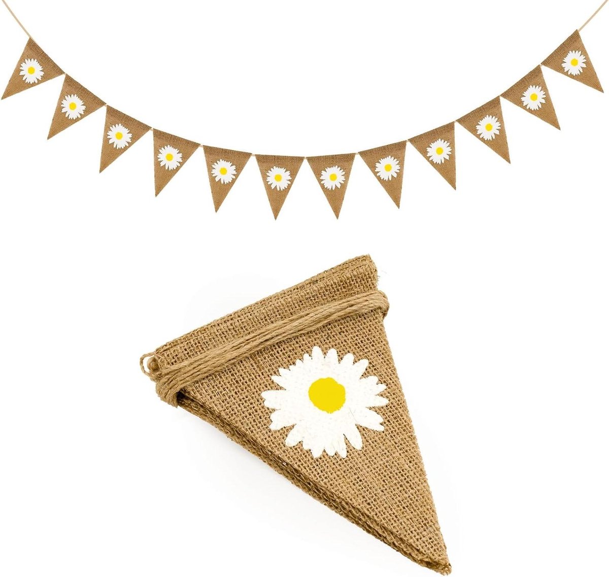 Jute vlaggenketting met madeliefjesbloemen - 12 stuks - vintage decoratie voor feestjes, tuin, kinderkamer - natuurlijke linnen stijl - cadeau-ideeën