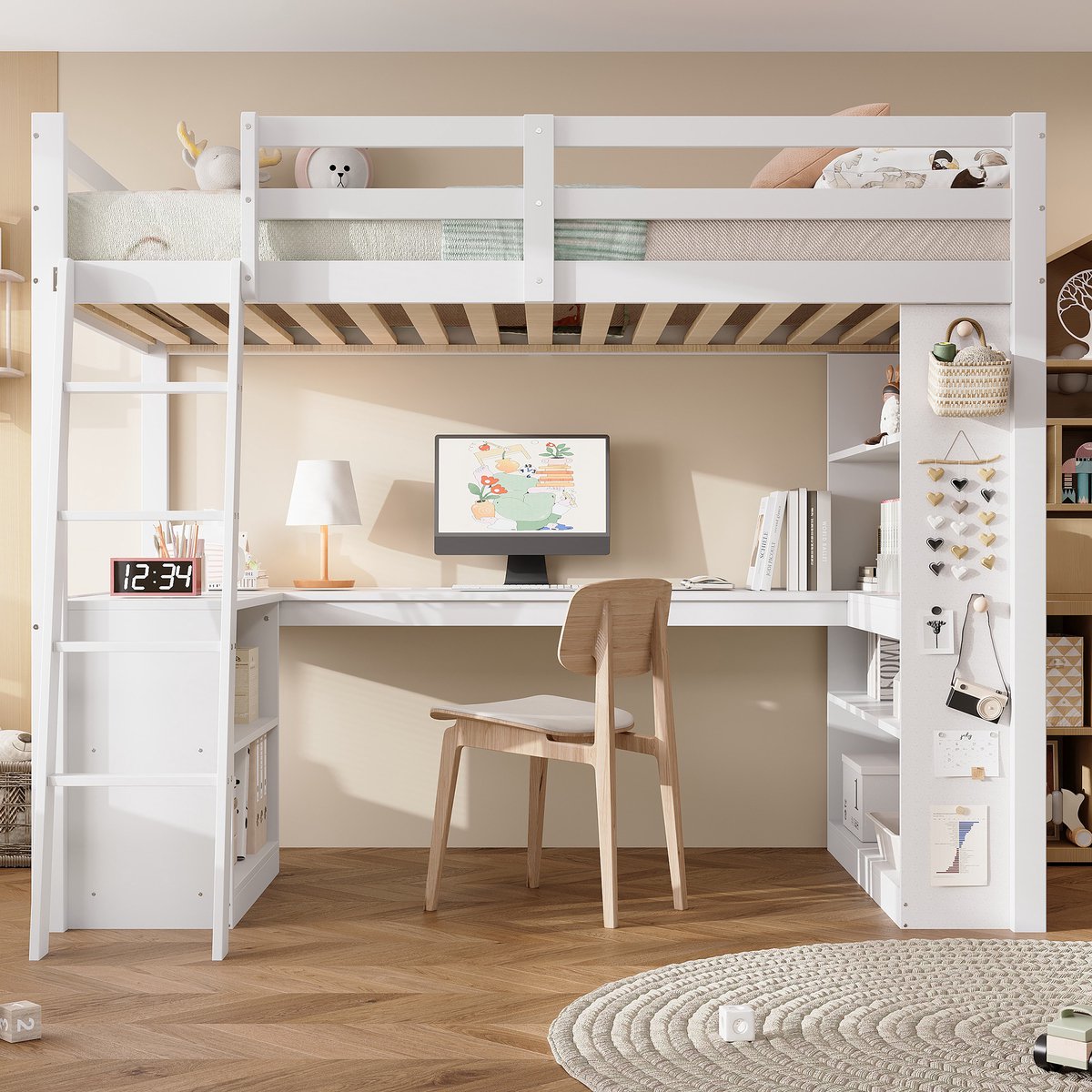 Clruro Hoogslaper - 90x200 - Met Opbergplank En Veiligheidshek - Schuine Ladder En Viltdoek - Grenenhout - Wit