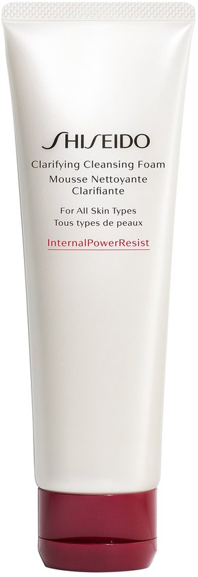 Witte tube Shiseido Clarifying Cleansing Foam met rode dop. Bevat 125ml.