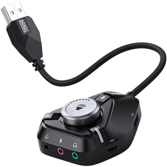 Zwarte AdroitGoods audiocontroller met USB-aansluiting, draaiknop, microfoon-demper en audio-aansluitingen.