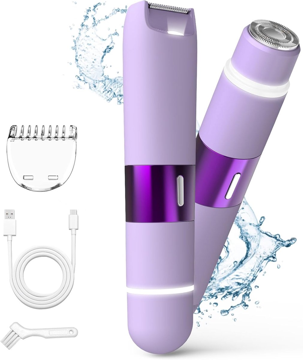 Dames trimmer, elektrisch scheerapparaat met dubbele kop, waterdicht en gemakkelijk schoon te maken, oplaadbaar professioneel scheerapparaat, geschikt voor oksels, benen, armen, lichaam en gezicht, paars.