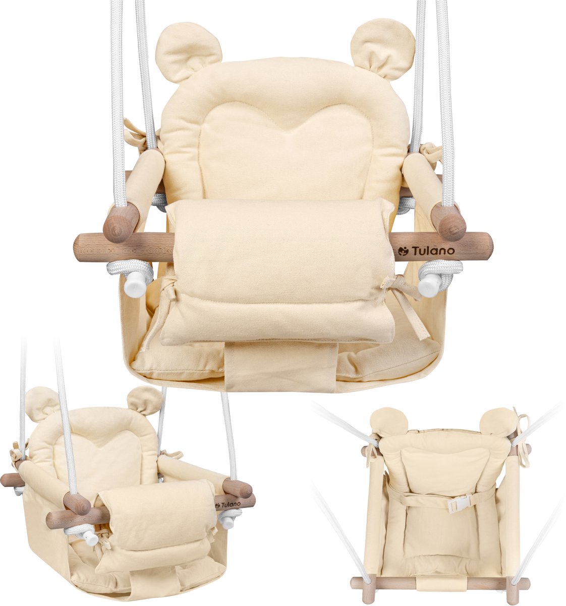 Tulano Hop 33 Babyschommel met Berenoren - Stoffen Kinderschommel inclusief Kussen - Beige
