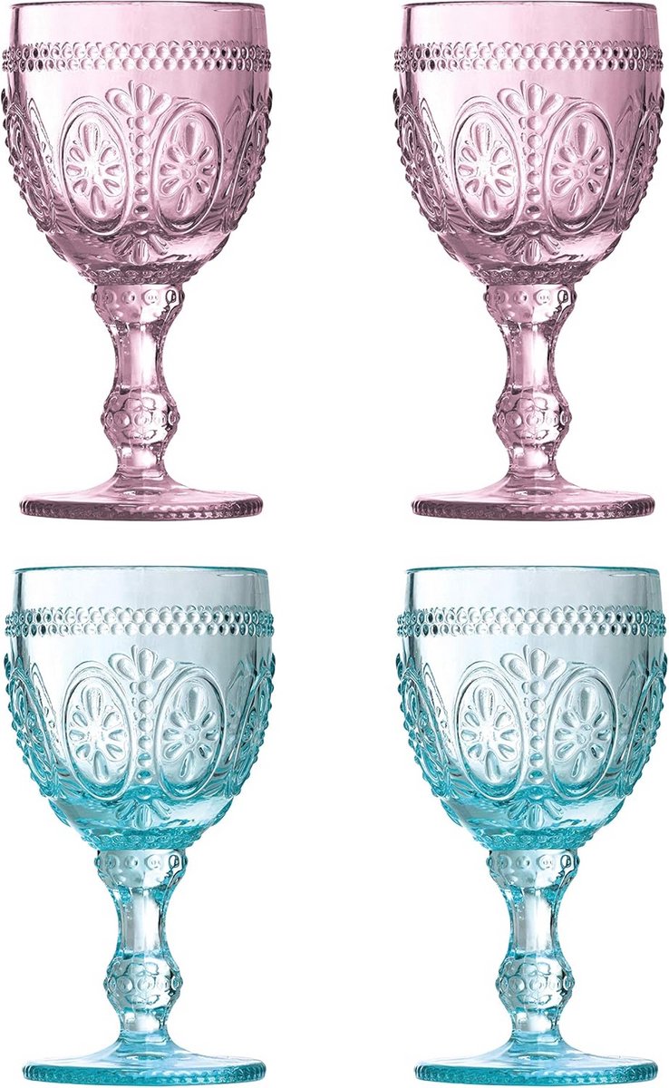 Set van 4 gekleurde wijnglazen - Roze en Blauw - 200 ml