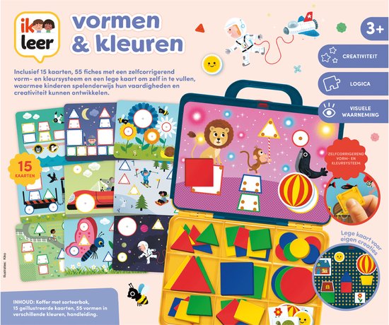 Doos van het spel 'Ik Leer Vormen & Kleuren' met een open koffer, spelbord, vormen en kaarten. De kaarten tonen verschillende thema's zoals circus en onderwater.