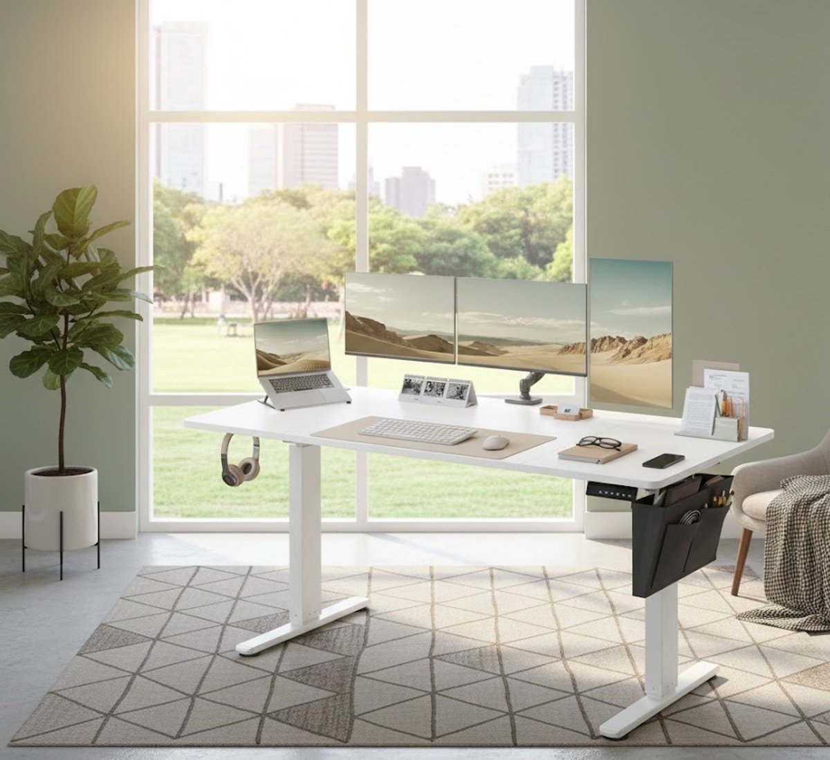 Elektrisch In Hoogte Verstelbaar Bureau 160x70 cm – Sta- en Zitbureau met Geheugenfunctie, Kabelmanagement & Organiser – Modern Design Wolkenwit – A-Furniture