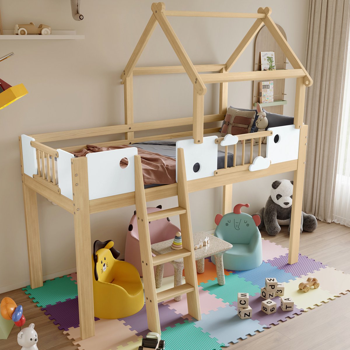 OKWISH Hoogslaper 90x200cm – Bed Met Dakontwerp – Met Schuine Drieladder – Zonder Matras – Vrije Ruimte Onder Bed – Massief Hout – Wit Naturel Natuurlijk