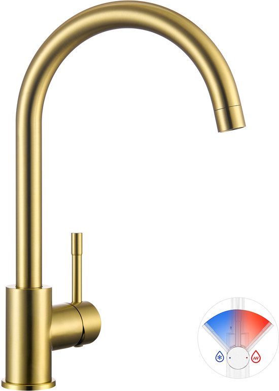 Robinet de cuisine doré à bec haut et courbé avec un levier. En bas à droite, un pictogram rond avec des nuances de bleu et de rouge et des symboles d'eau froide/chaude.