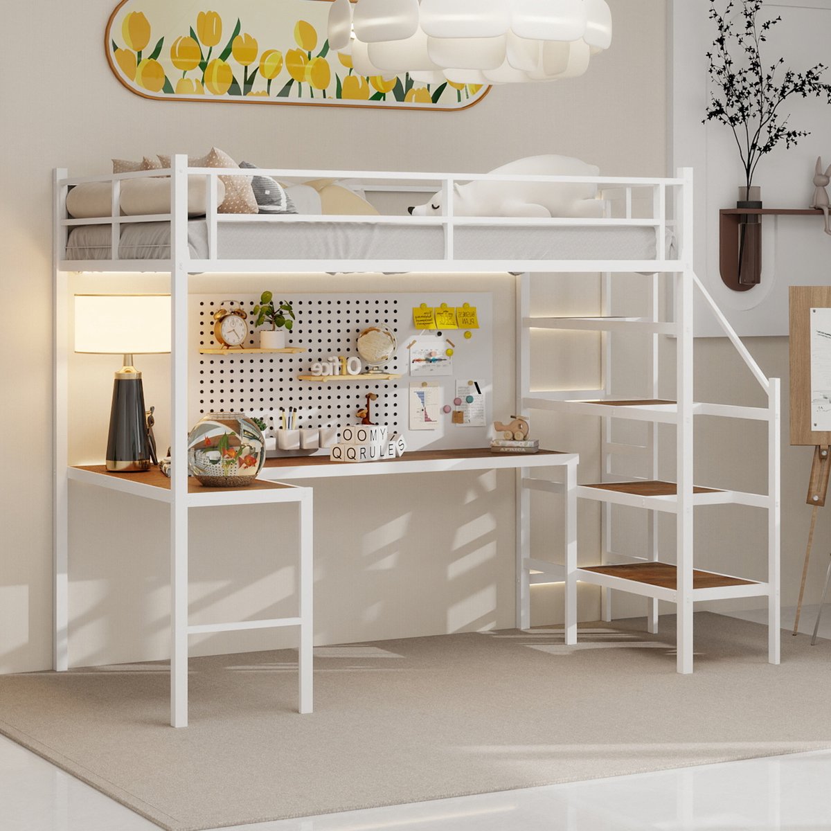 STILVORA Hoogslaper 90x200 cm – Met L Vormig Bureau En Opbergvakken – Trap Met Opbergruimte – Rondom Veiligheidshek – Voor Kinderkamer – IJzer – White | Zonder matras Wit