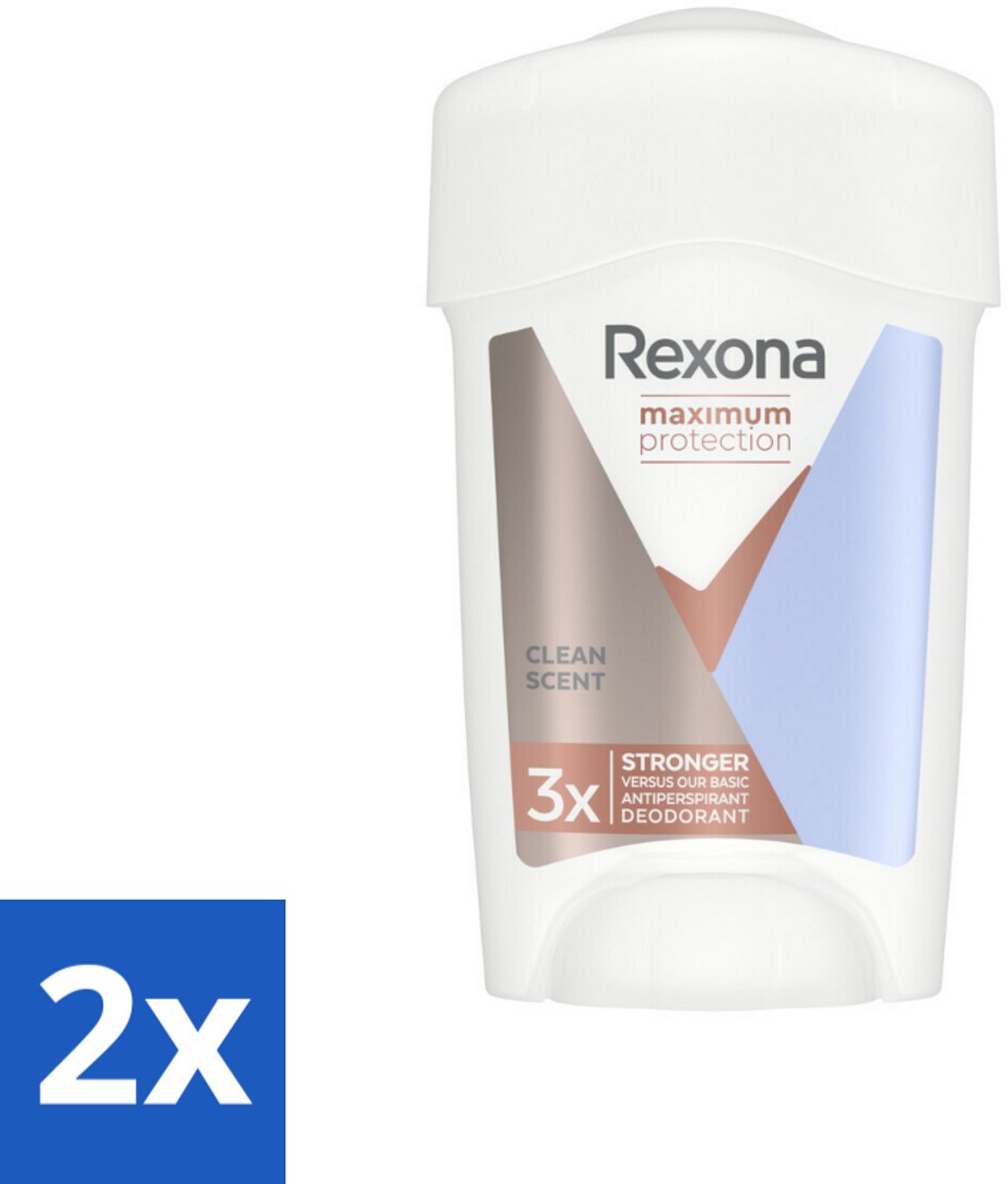2 x Rexona Deodorant Stick Cream Maximum Protection Clean Scent 45 ml - Anti-transpirant Vrouw - Zweetvocht - Lichaamsgeur - Bescherming Tegen Zweet - Defence+ Technologie