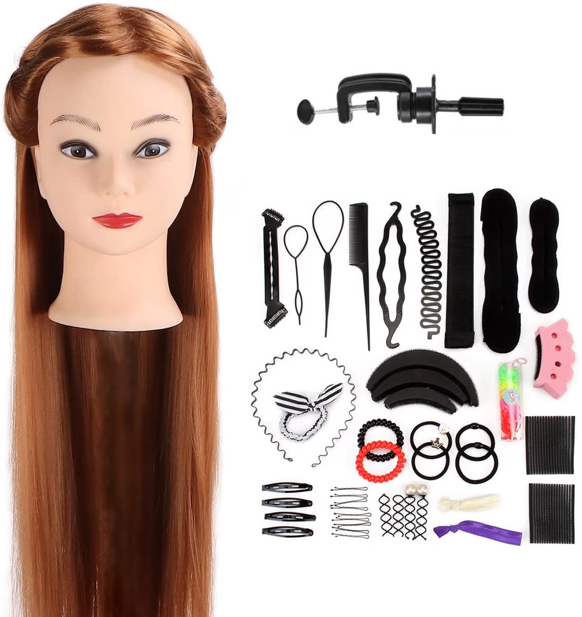 Kappershoofd oefenhoofd koper bruin haar - kapperspop - Met statief en styling accessoires - 65 cm