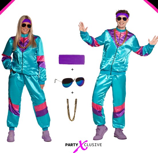 Partyxclusive 5-Delig Fout Trainingspak Jas/Broek/Hoofdband/Ketting/Bril Jaren 80 & 90 Kostuum Disco Foute Party Outfit Dames en Heren Retro Verkleedkleding Carnavalskleding Heren Carnavalskleding Dames - Polyester - Blauw - Maat M