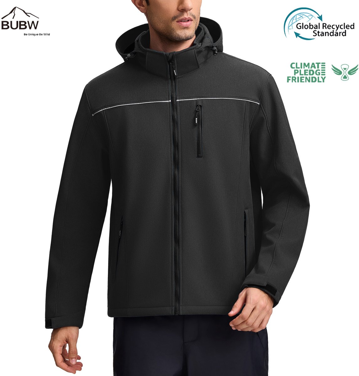 BUBW Heren Outdoorjas Outdoorjassen Outdoor Jas Heren Waterdicht & Ademend Warme Fleece Voering Winddicht Zwart