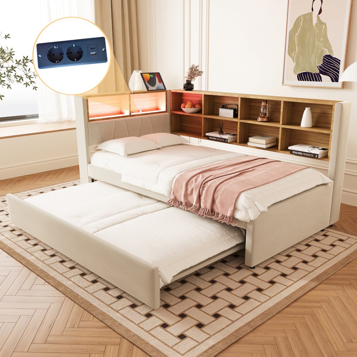 MODFU Bedframe 90x200 cm – Met Uitschuifbed 90x190 & LED – Gestoffeerd Flanel Beige – Met USB/Type-C & Opbergvakken