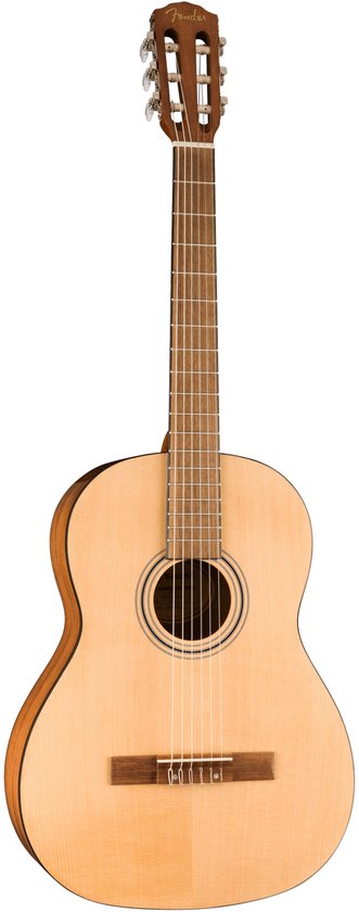 Nylon gitaar met een lichte houten klankkast met donkere zijkanten. Donkere brug en hals.