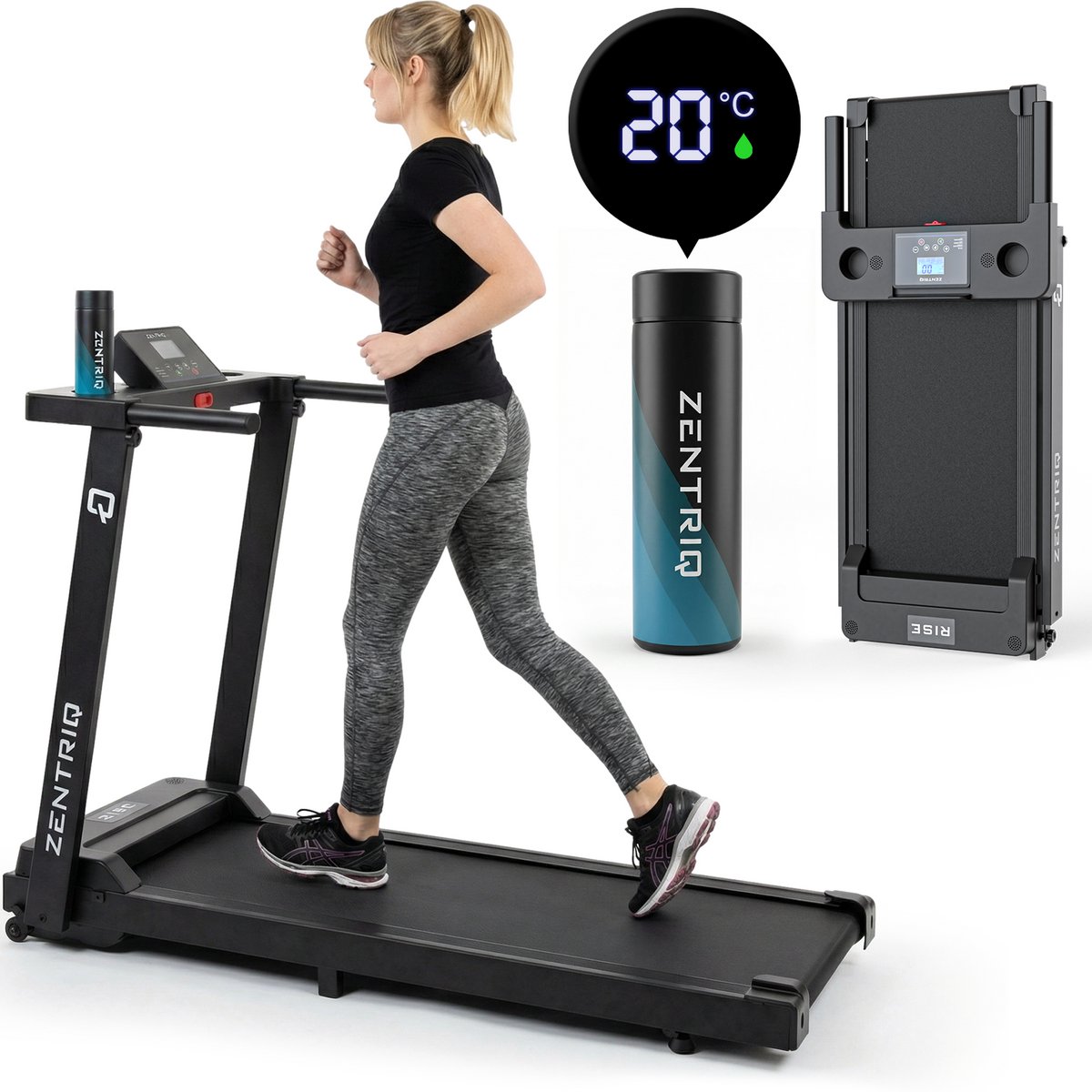 Zentriq Rise Loopband - Loopband Inklapbaar – Met LED Fles – 1-8 km/u Schokabsorberende Loopband met LED Display – Met Flessenhouder – Rolbaar & Draagbaar voor Thuisgebruik – Walking Pad - Wandelband van Zentriq