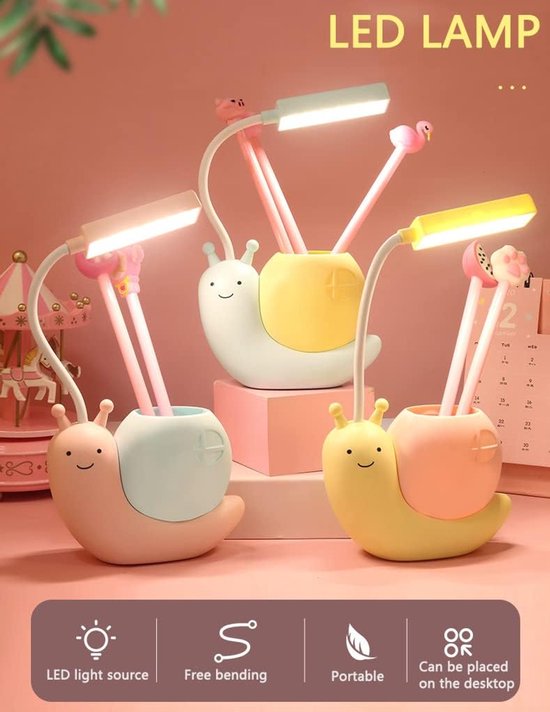 LED Kinder Bureaulamp met Pennenhouder - USB Oplaadbare Slakvormige Tafellamp - Oogbescherming Studie Lamp - 360° Verstelbare Hals - Geel van Oneay — afbeelding 3