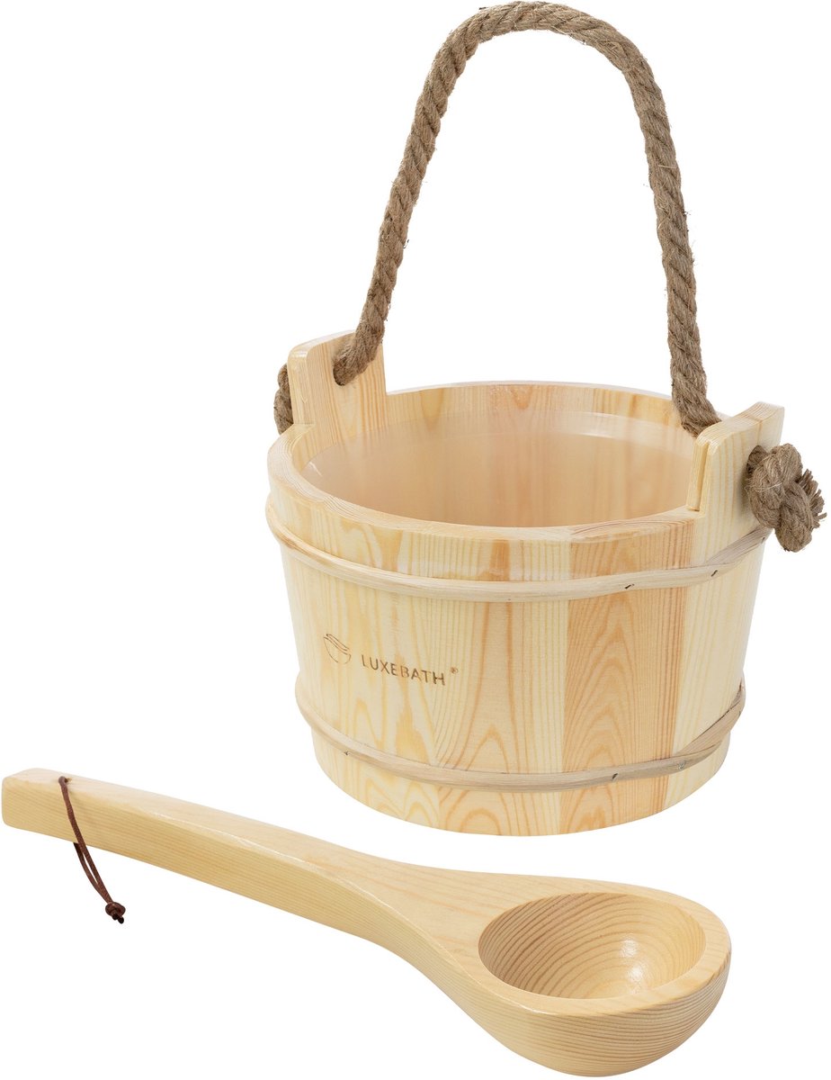 2-delige sauna-accessoireset van massief dennenhout, 4-liter opgietemmer met kunststof inzetstuk & LuxeBath opscheplepel
