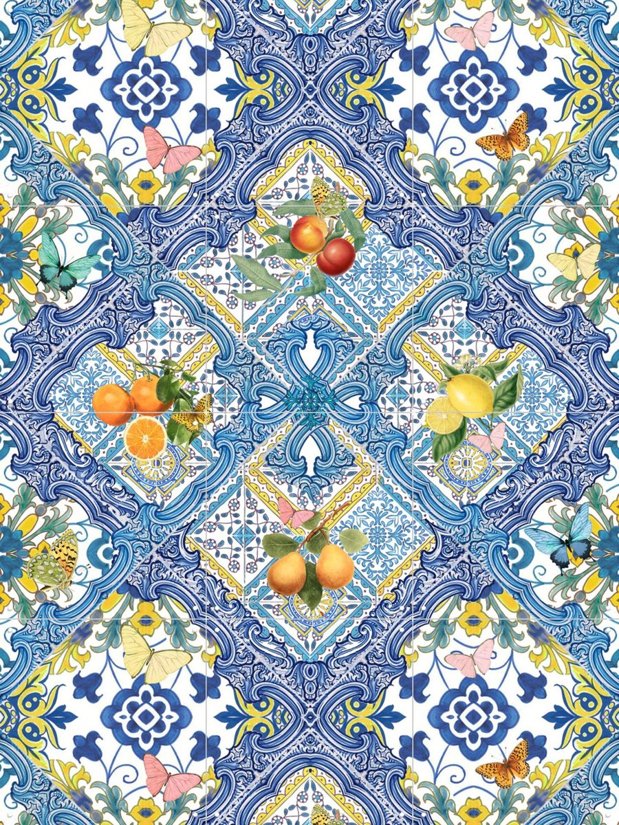 IXXI Mediterranean tiles and citrus fruit I, Bloomery Decor - 60 x 80 cm - Gratis ophangtool - Grote wanddecoratie en posters