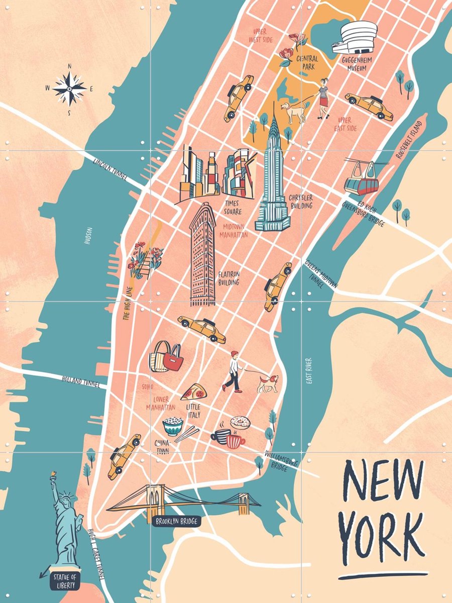 IXXI New York Illustration, Revista Ontwerp & Kunst in Kaart - 60 x 80 cm - Gratis ophangtool - Grote wanddecoratie en posters - Speels, Kleurrijk