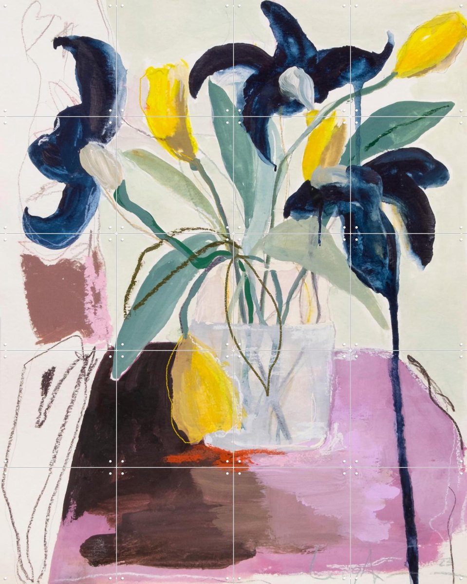 IXXI Blue Iris and Daffodils, Leigh Viner - 80 x 100 cm - Gratis ophangtool - Grote wanddecoratie en posters - Abstract, Olieverf, Kleurrijk