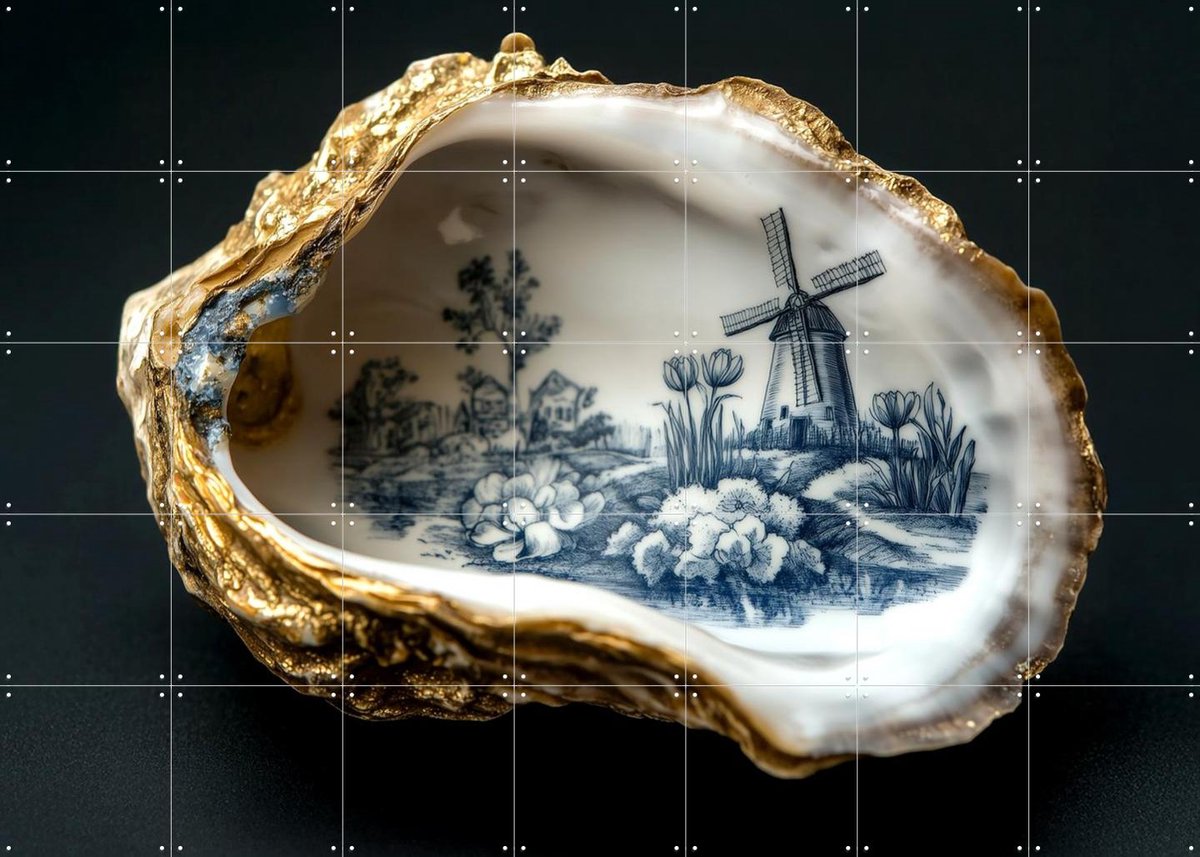 IXXI Delfts Blauwe Oester - Zwart, Margriet Hulsker - 140 x 100 cm - Gratis ophangtool - Grote wanddecoratie en posters - Klassiek, Realisme